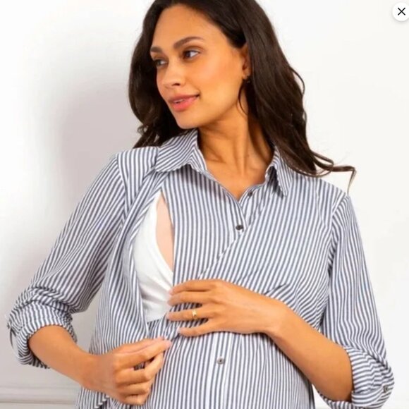 NWOT Seraphine Maternity & Nursing Shirt Dress Blue and White Sz 4 - Picture 3 of 7